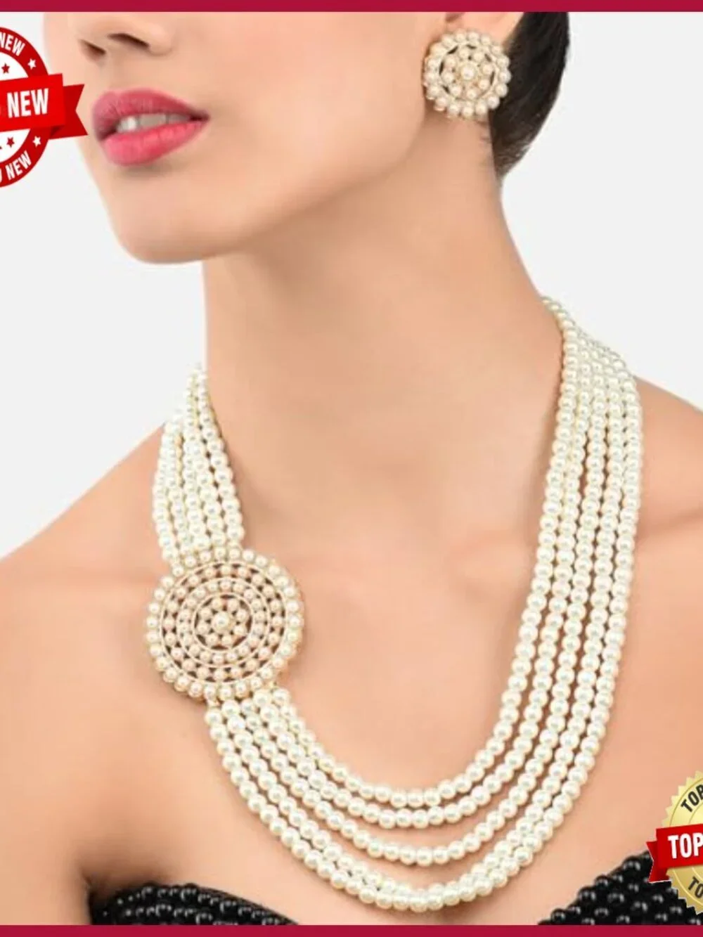 Traditional 5 Layer Kundan Pearl Necklace Earring Set